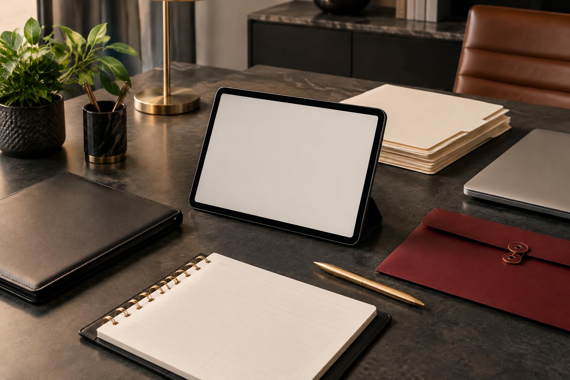 Organized client intake workspace with a tablet, folders, folio, and appointment planner