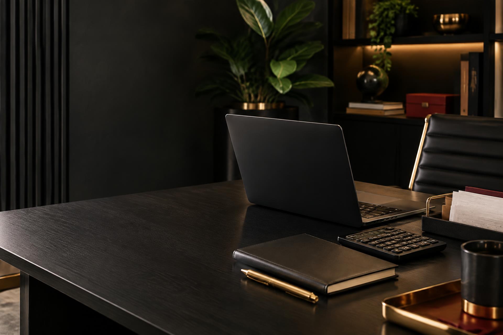 Organized entrepreneur workspace with a laptop, calculator, notebook, and financial records